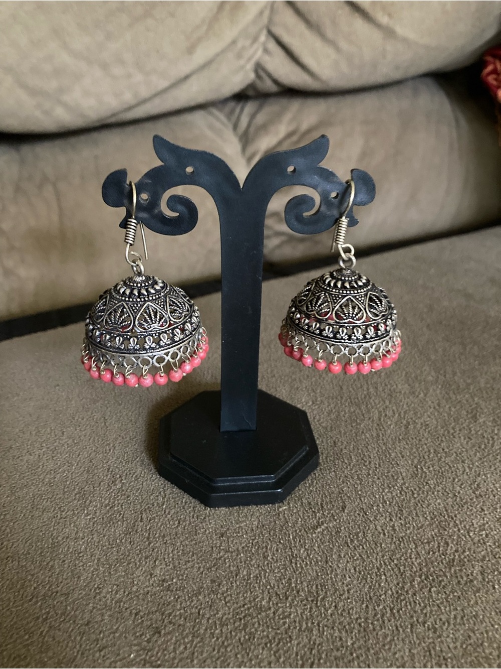 Sterling-Style Silver Jhumka Earrings with Pink Bead Fringe